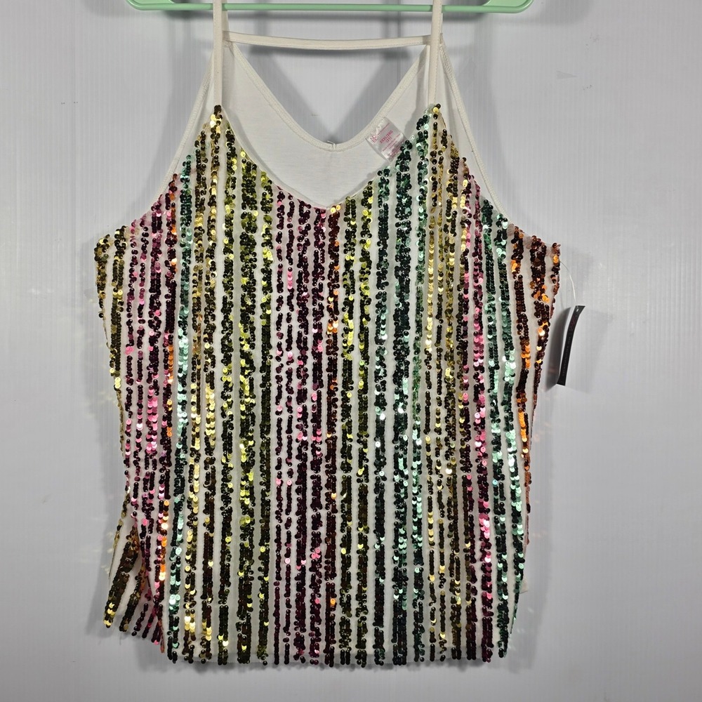 No Boundaries Rainbow Sequin Cami Tank Top V-Neck White Plus Size XXXL 3XG NEW - Picture 3 of 8